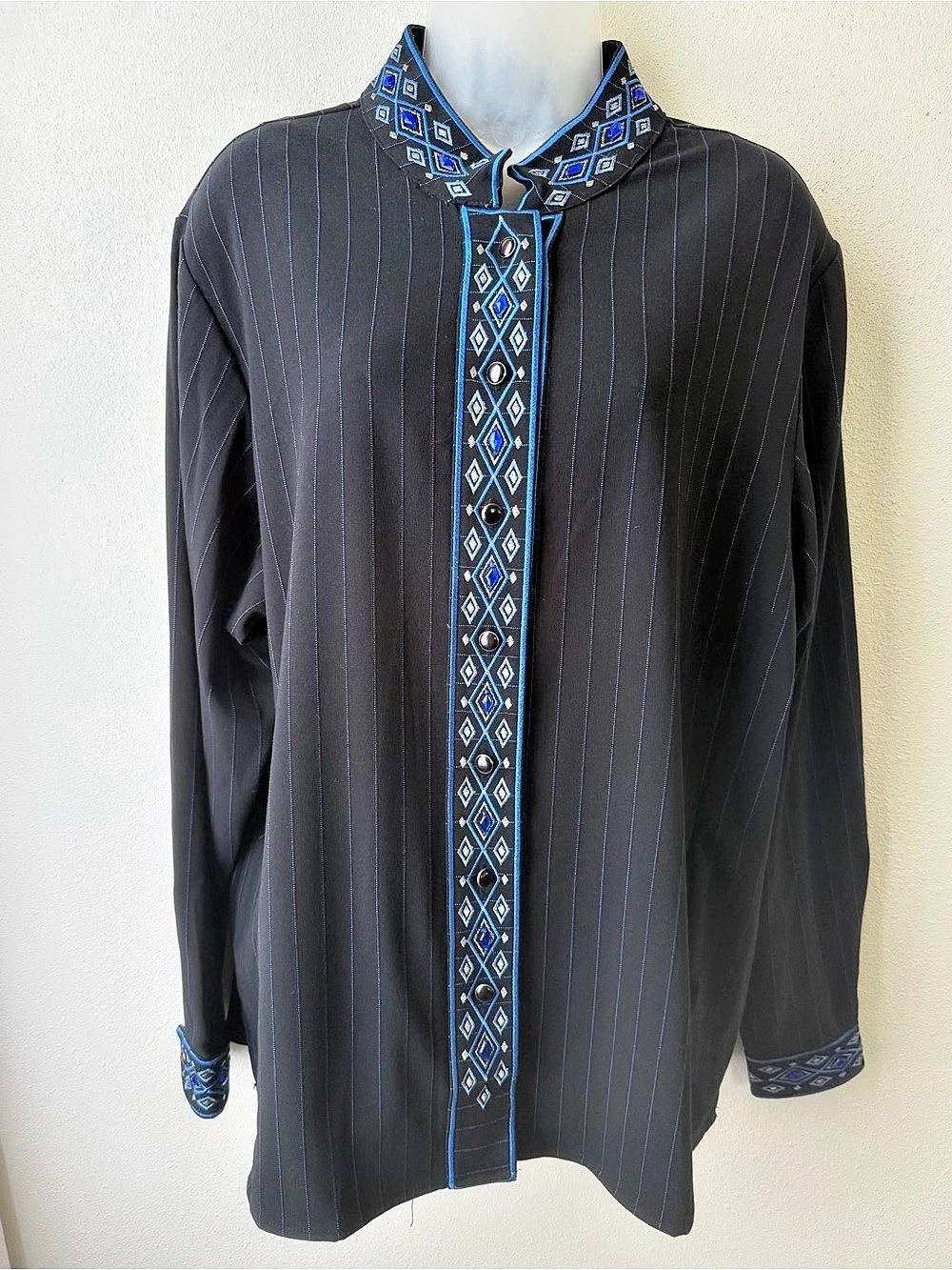 Bob Mackie Wearable Art XL Black Blue Embroidered Pinstripe Jacket